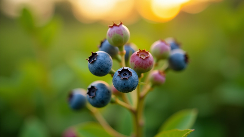 Close-up of blueberry bushes with varying ripeness stages from green to deep purple berries