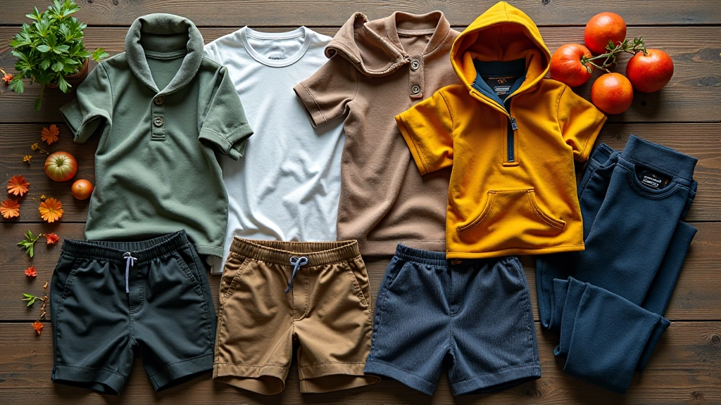 Seasonal layers of clothing arranged showing spring, summer, autumn and winter options