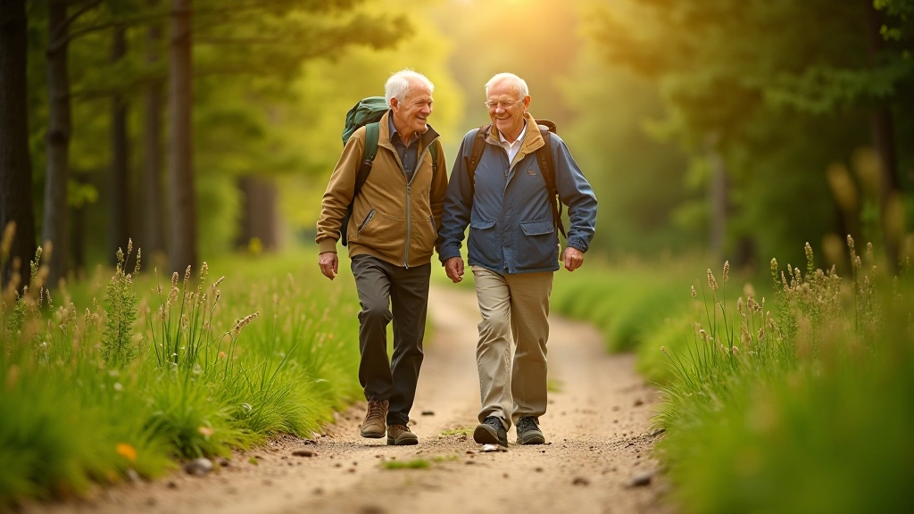 Older adults enjoying a peaceful walk on a woodland trail together