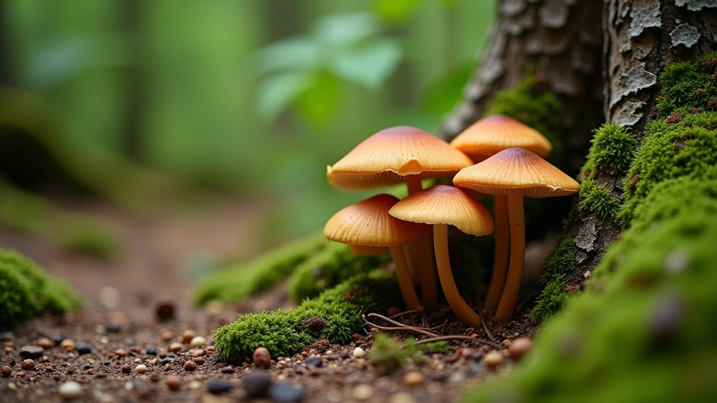 Mushrooms clustered near the base of a pine tree in sandy forest soil, showing natural woodland habitat