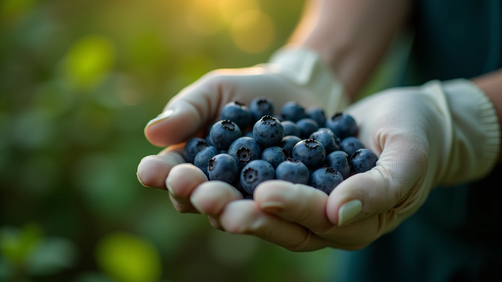 Hands carefully picking ripe blueberries from a bush, showing proper gentle picking technique