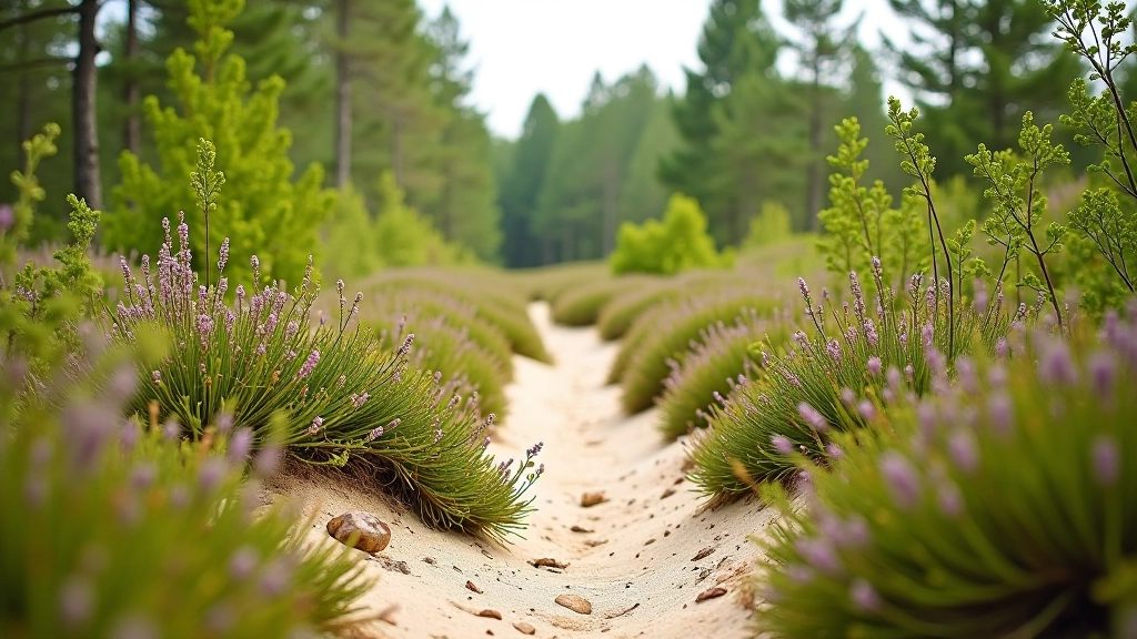 woodland heathland landscape showing dense low-growing shrub vegetation typical of blueberry areas