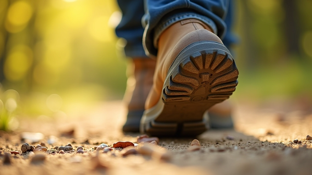 Close-up of hiking boot sole gripping sandy terrain with visible tread pattern