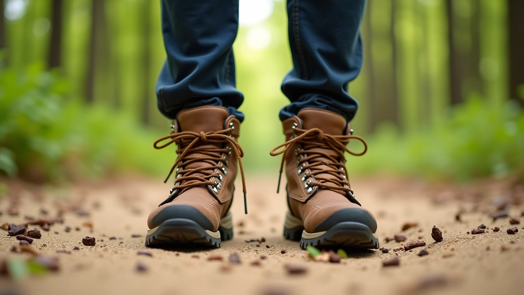 Hiking boots on sandy path, laces visible, forest floor surrounding the boots, daytime lighting