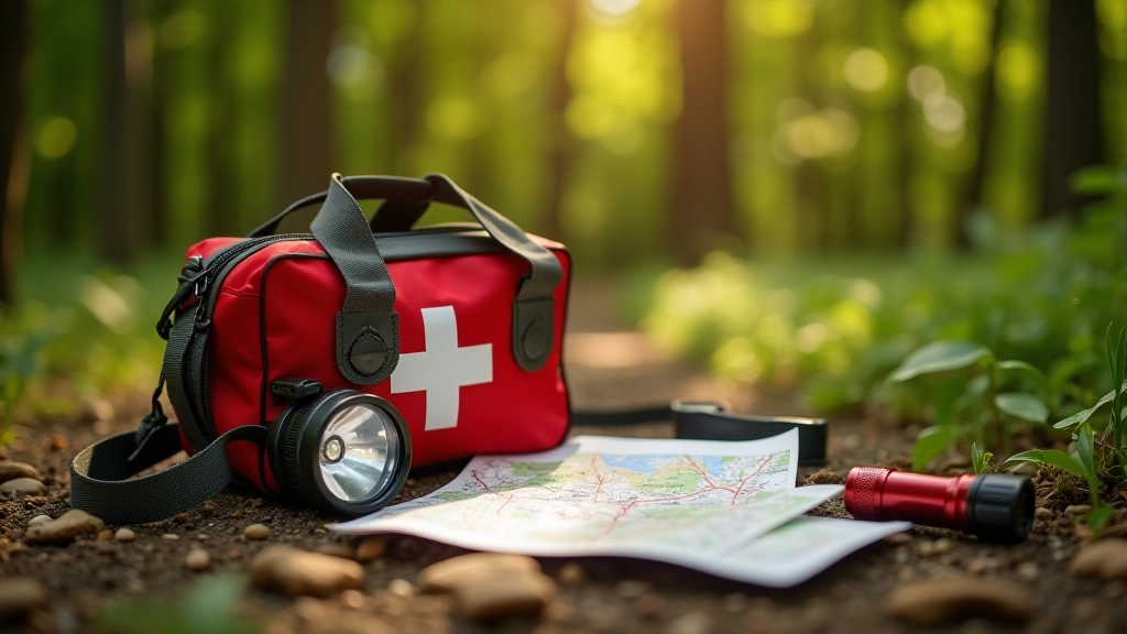 Laid out items including first aid kit, map, torch and waste bag on outdoor surface