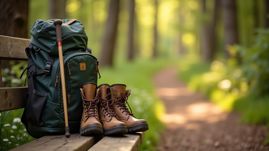 Walking boots and backpack on wooden bench beside a forest trail, ready for a day hike