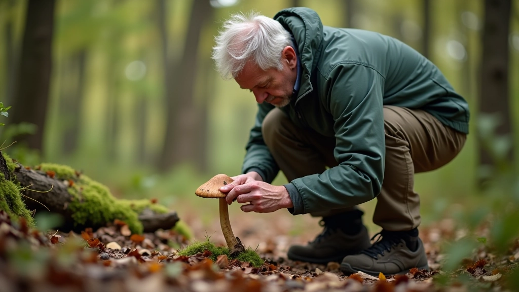 Person examining mushrooms on forest floor, wearing outdoor clothing, bending down to observe fungi closely