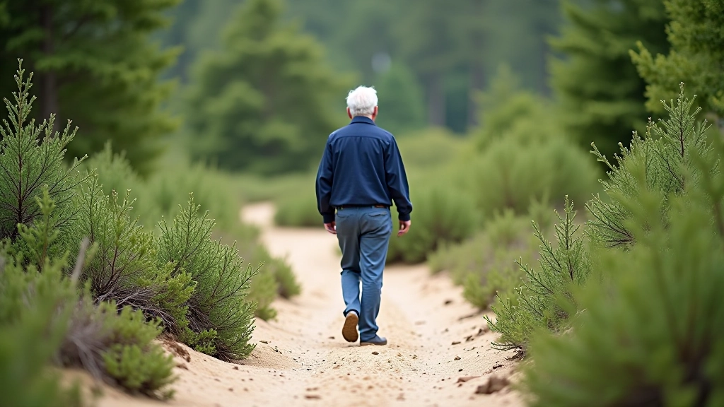 Person walking on sandy woodland path with blueberry shrubs on either side