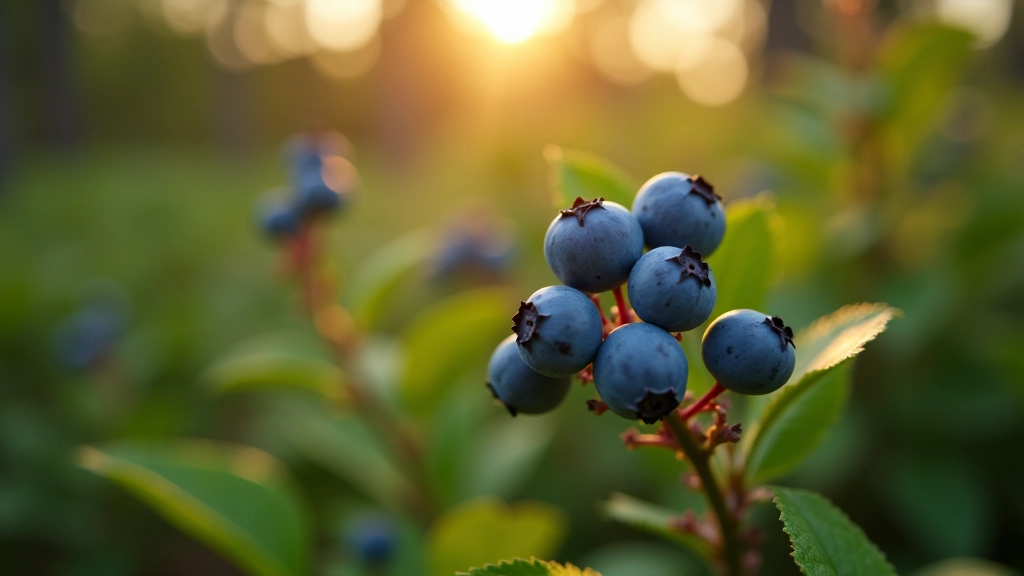 Blueberries ripening on bushes in heathland clearing with late afternoon golden light