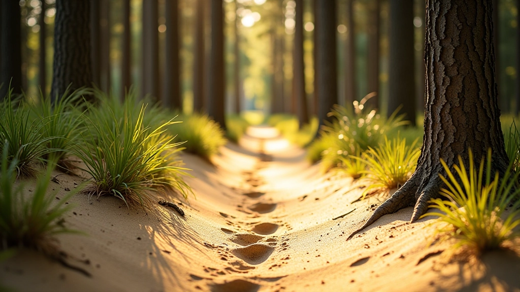 Close-up of sandy woodland path with footprints visible in golden sand and tall pine trees in background