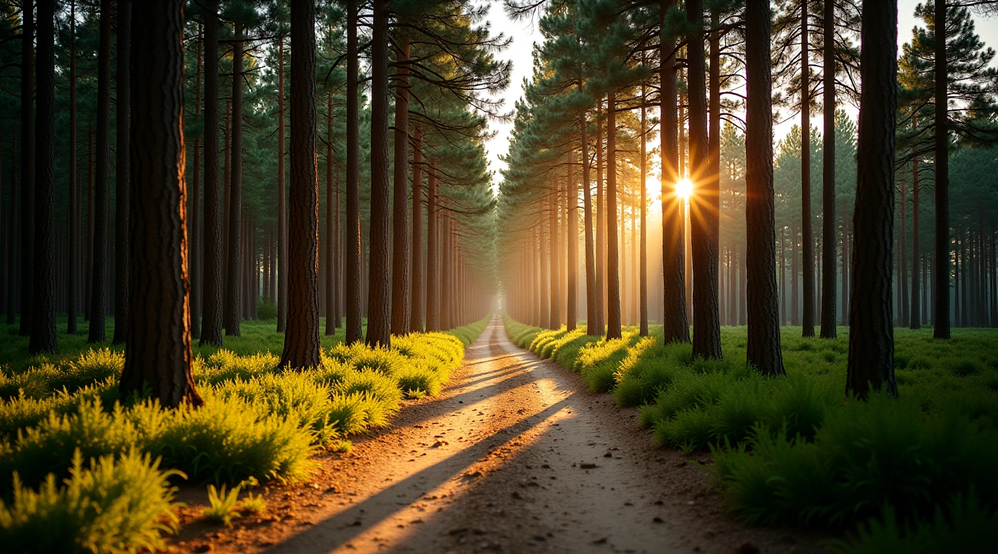 Scenic woodland path with golden sunlight filtering through tall pine trees, sandy ground with natural trail markings