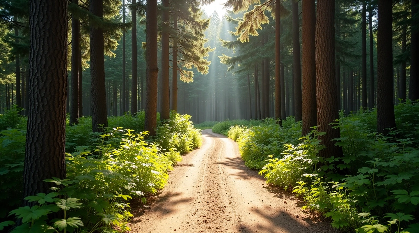 Forest path through dense woodland with tall pine trees and dappled sunlight on sandy ground