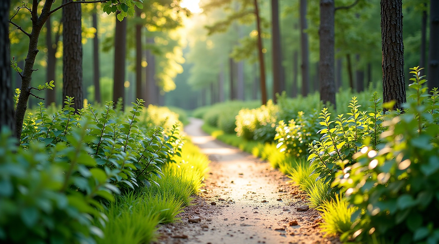 Peaceful blueberry heath woodland path with sandy ground and surrounding vegetation