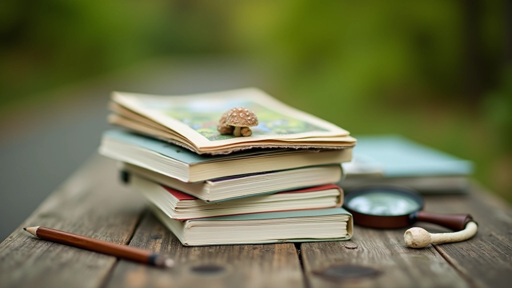 Collection of mushroom identification field guides and notebooks arranged on wooden table with natural light
