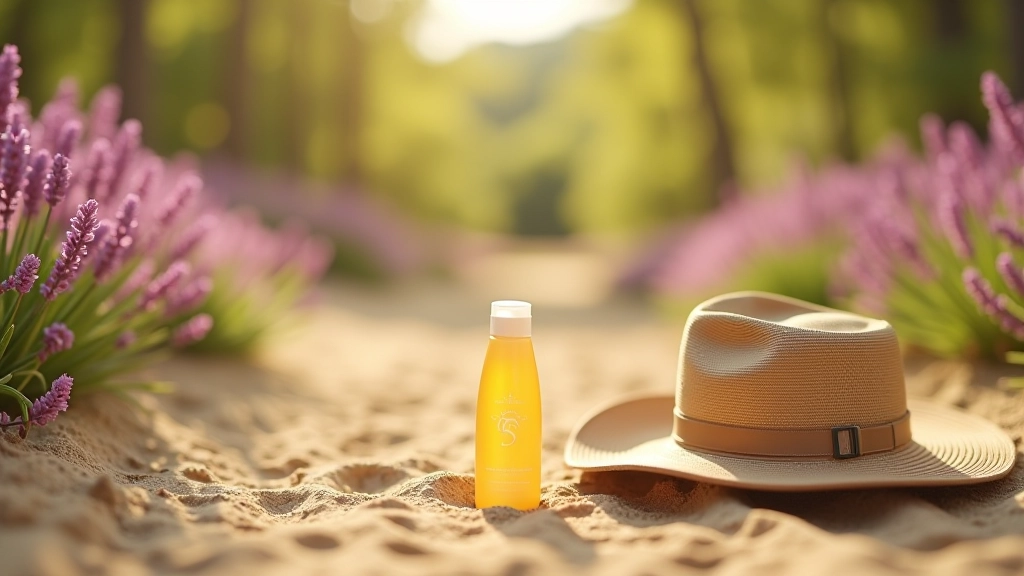 Sunscreen bottle and wide-brimmed hat placed on sandy ground with heather plants