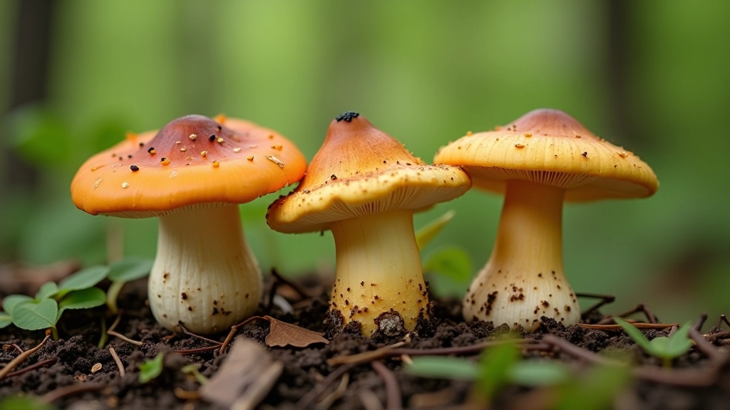 Three different edible mushroom varieties displayed side by side showing distinctive cap shapes and stem structures