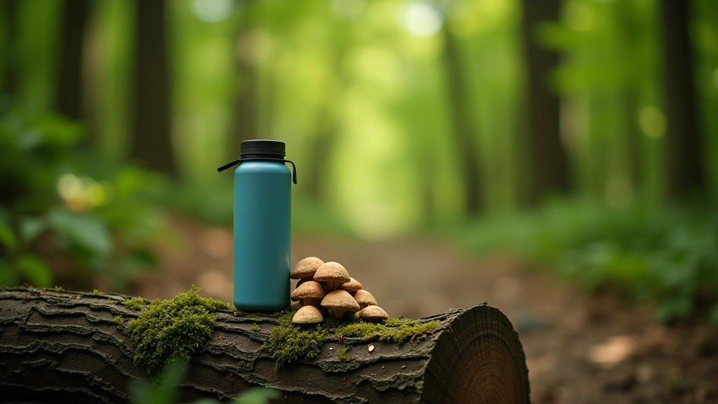 Water bottle and snack bag sitting on a wooden log beside a woodland path