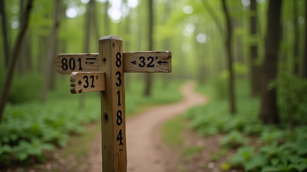 Distance marker post on woodland path with numbers and directional arrows, forest surroundings