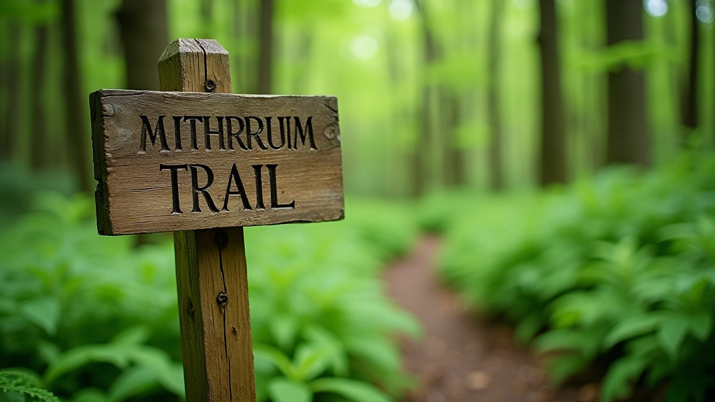 Wooden sign with trail name and route information, surrounded by green ferns and woodland plants